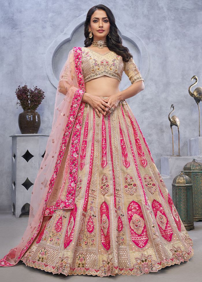 3 Pc Beige Silk Semi Stitched Lehenga Set