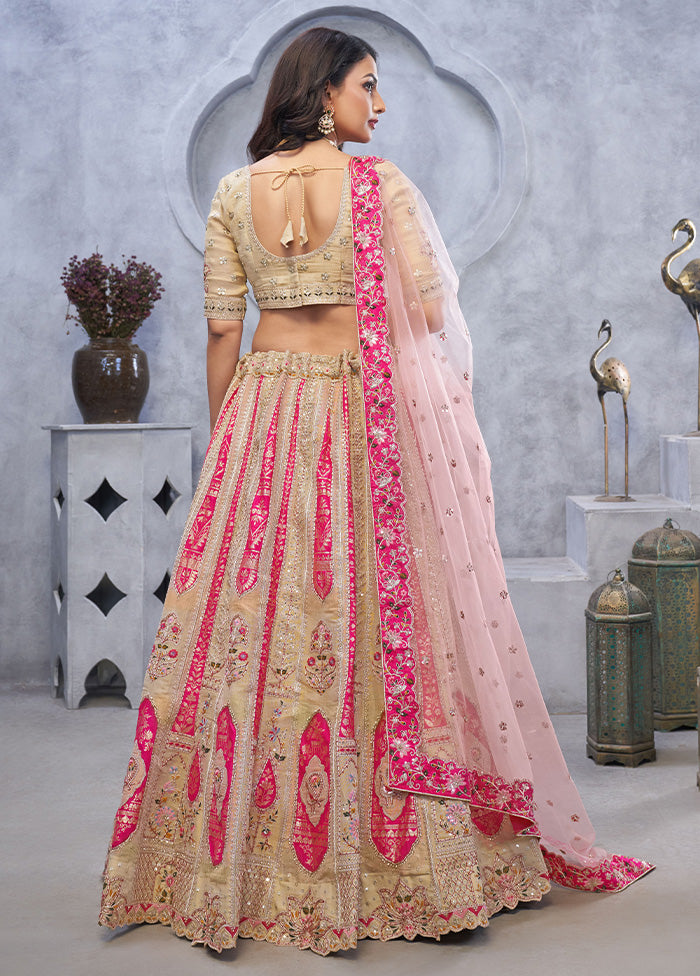 3 Pc Beige Silk Semi Stitched Lehenga Set