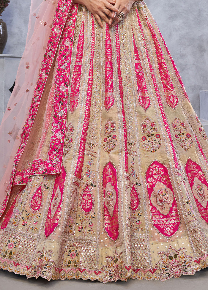 3 Pc Beige Silk Semi Stitched Lehenga Set