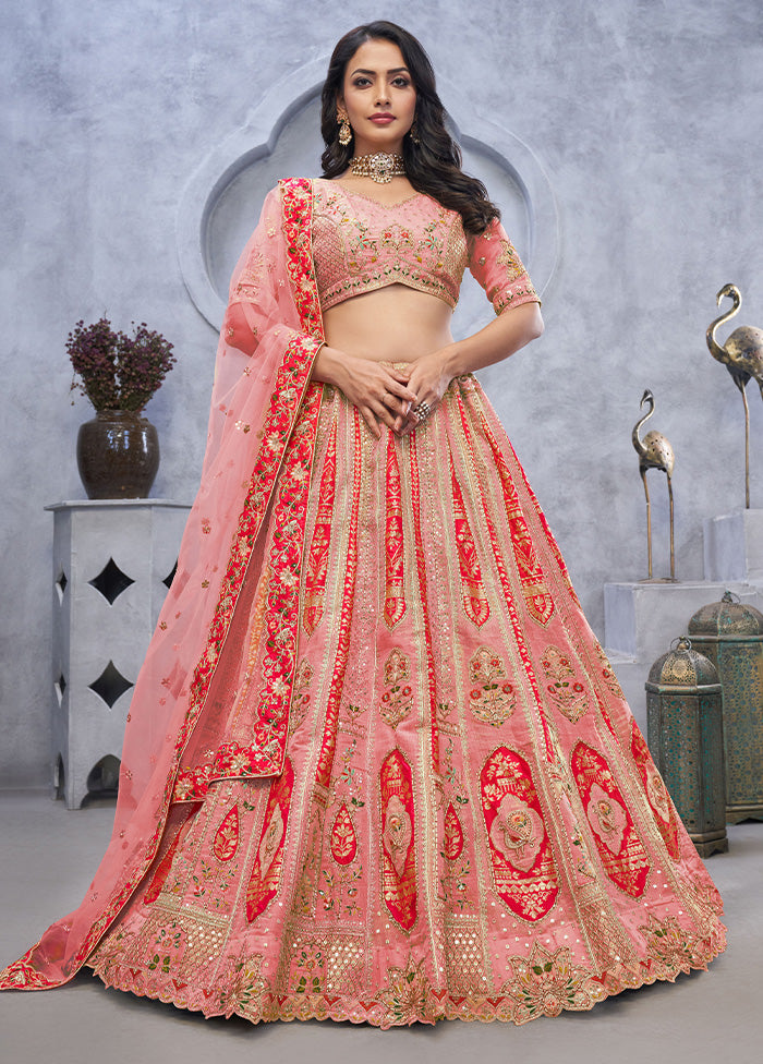 3 Pc Pink Silk Semi Stitched Lehenga Set