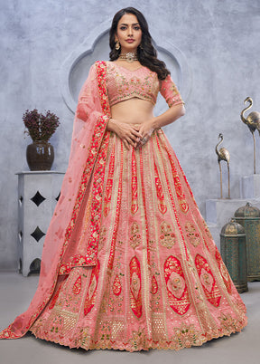 3 Pc Pink Silk Semi Stitched Lehenga Set