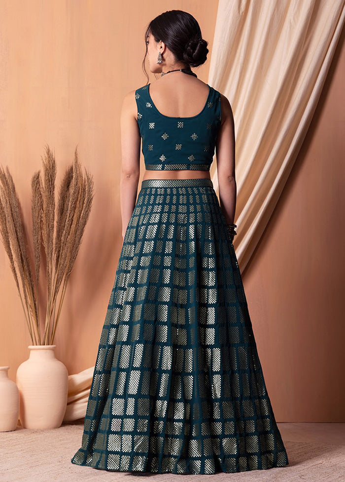 3 Pc Teal Georgette Semi Stitched Lehenga Set