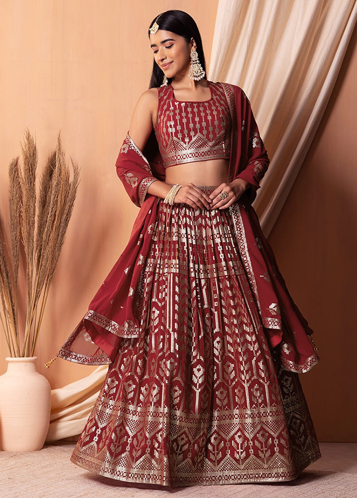 3 Pc Maroon Georgette Semi Stitched Lehenga Set