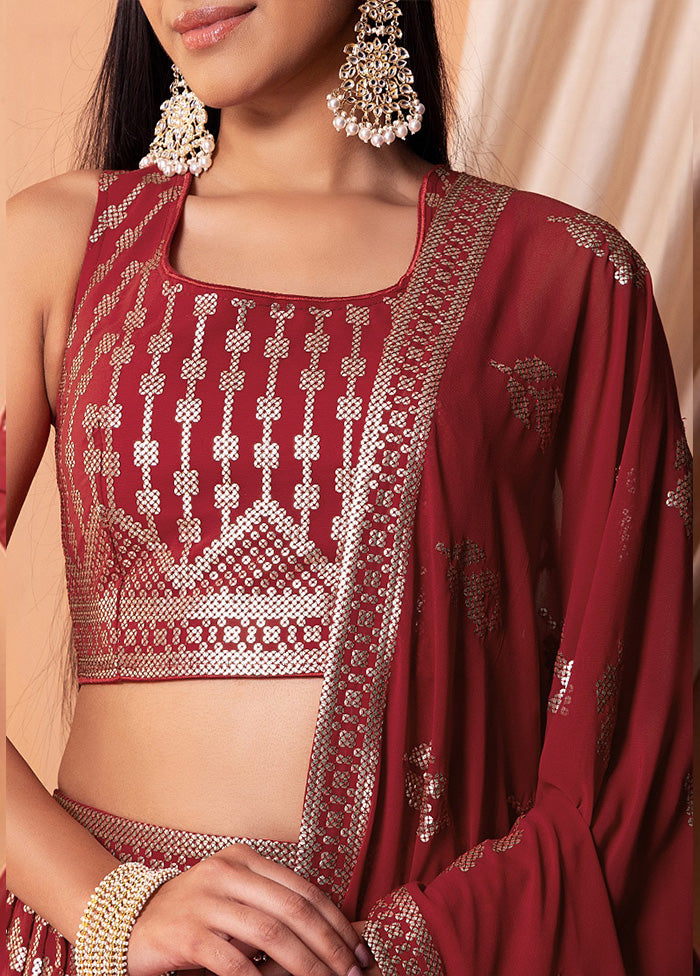 3 Pc Maroon Georgette Semi Stitched Lehenga Set