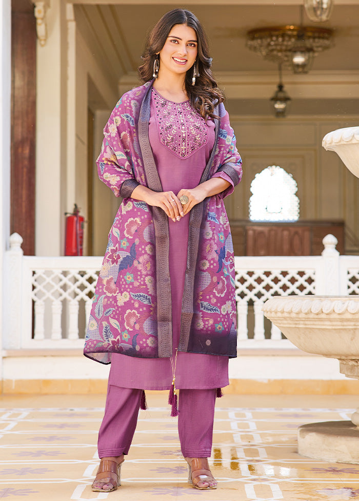 3 Pc Purple Readymade Silk Dupatta Suit Set