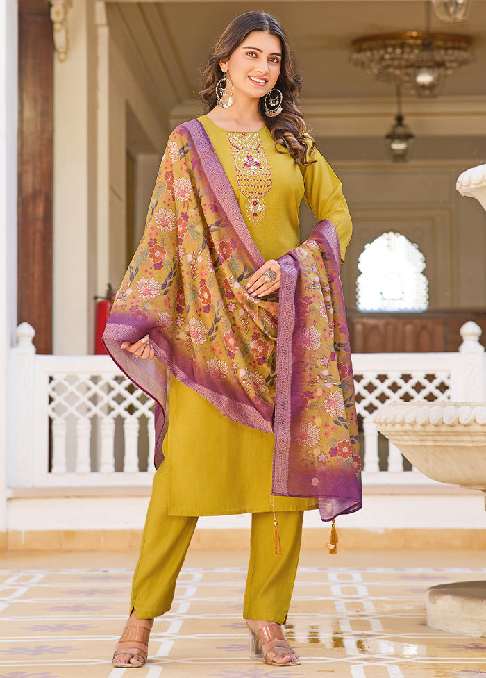 3 Pc Mustard Readymade Silk Dupatta Suit Set