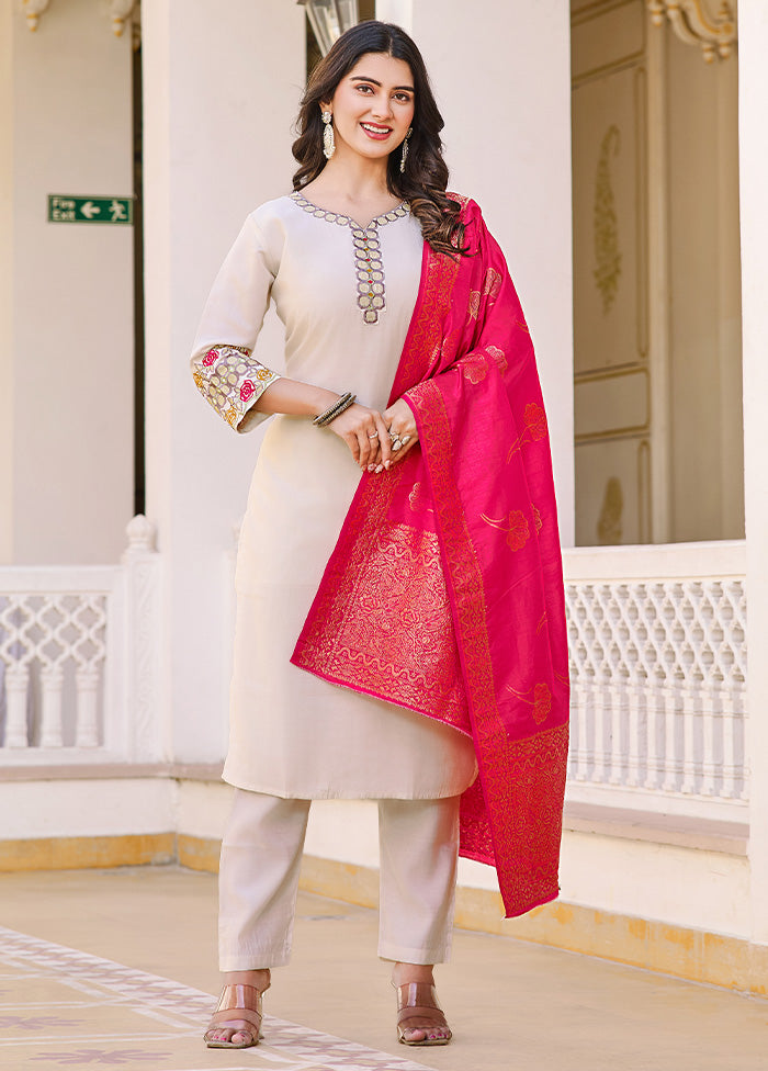 3 Pc Off White Readymade Silk Dupatta Suit Set