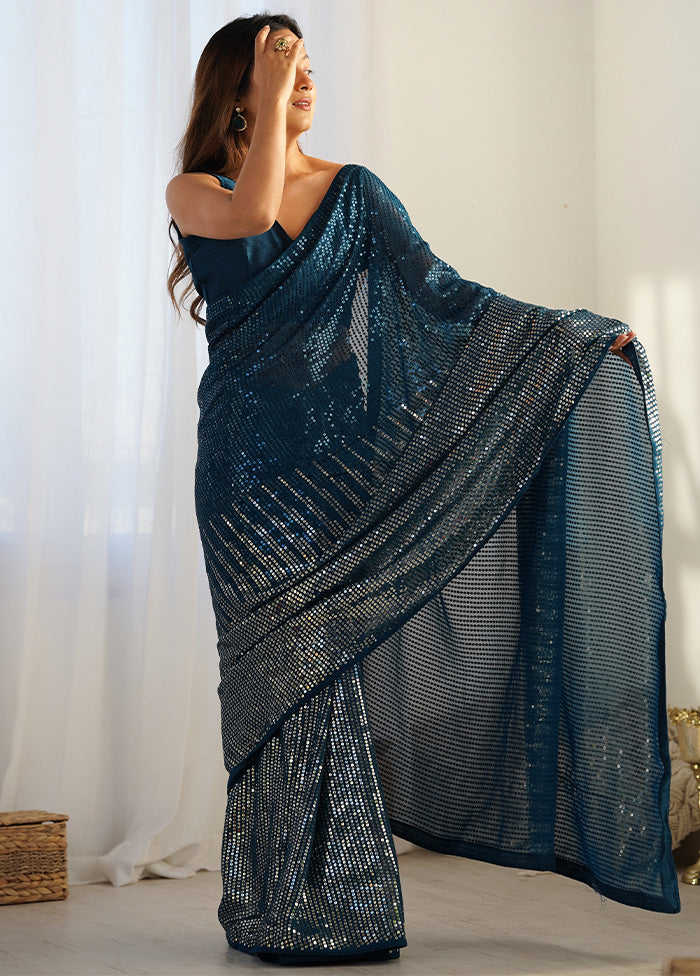 Blue Georgette Saree With Blouse Piece