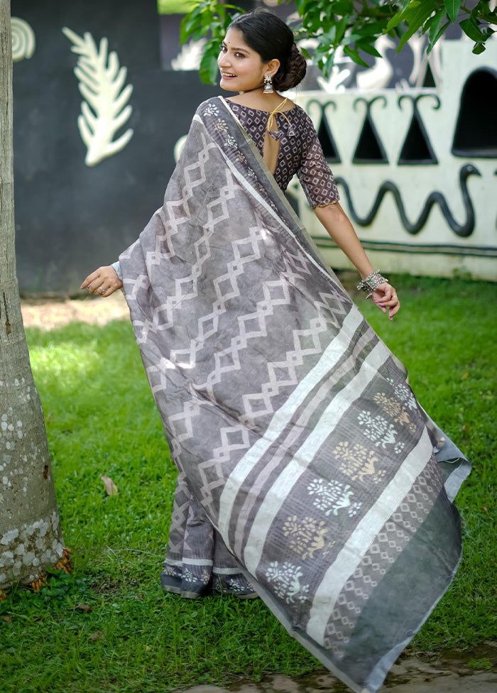 Grey Cotton Saree With Blouse Piece