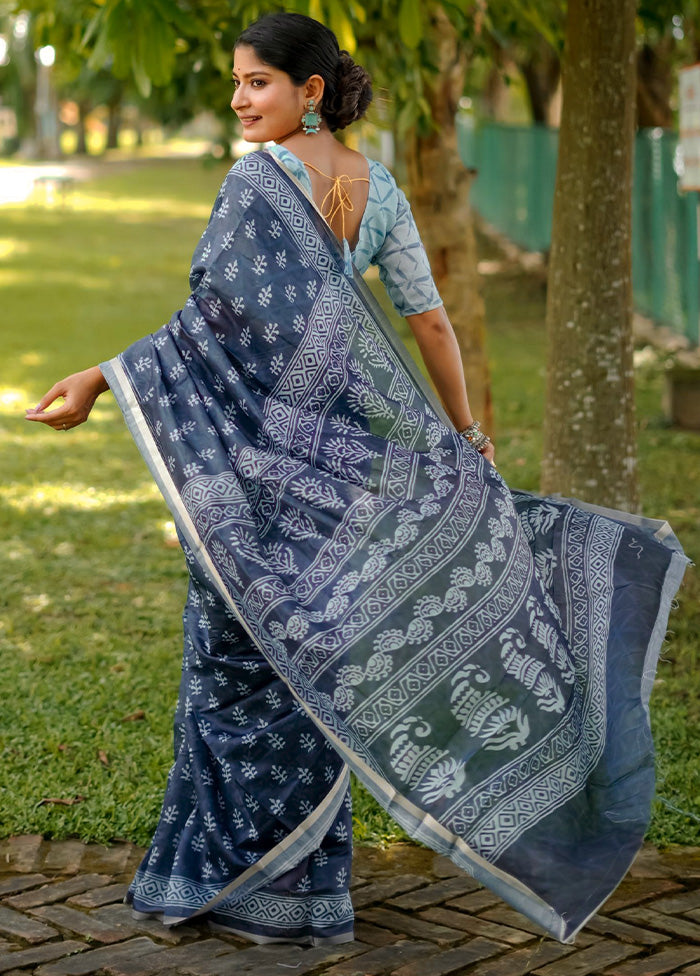 Blue Cotton Saree With Blouse Piece