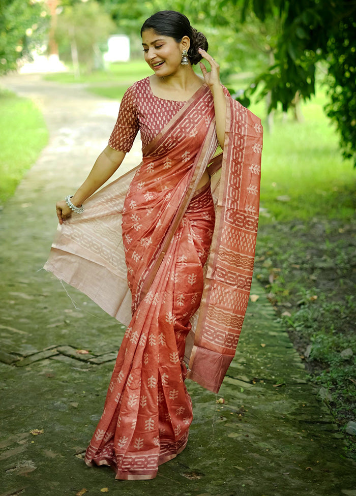 Orange Cotton Saree With Blouse Piece