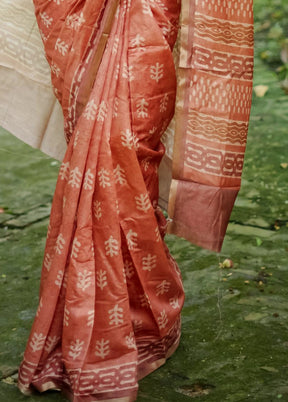 Orange Cotton Saree With Blouse Piece