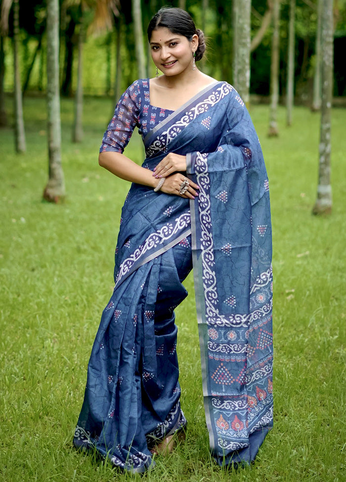 Blue Cotton Saree With Blouse Piece