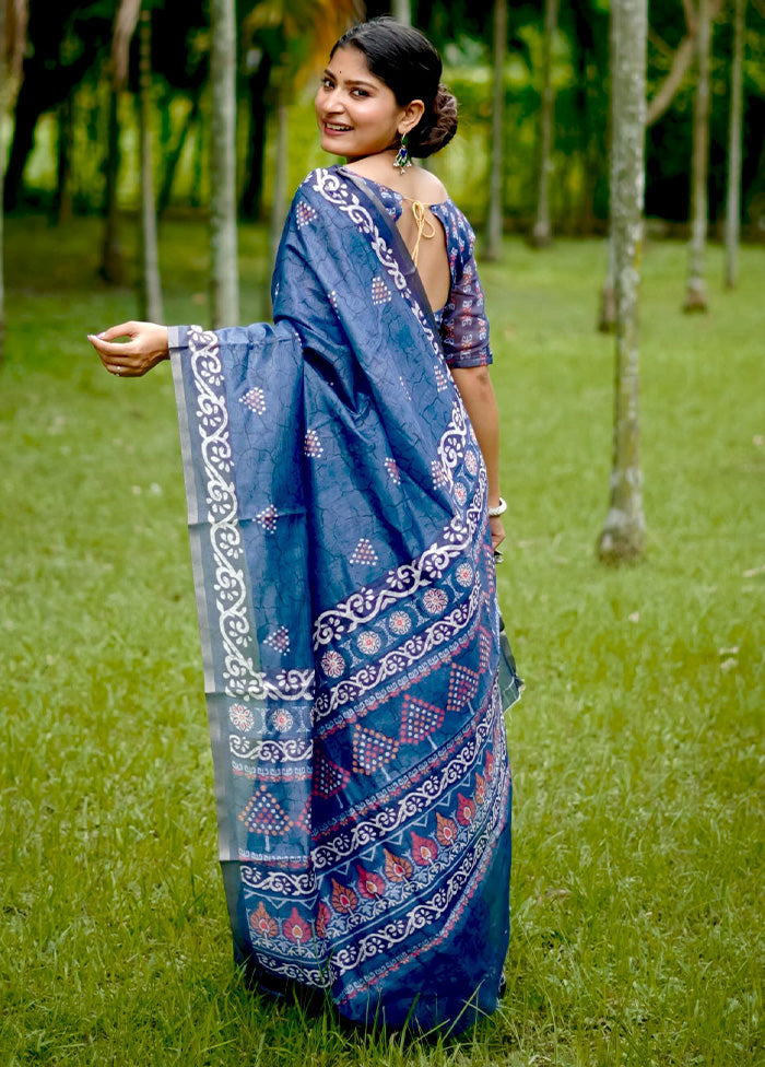 Blue Cotton Saree With Blouse Piece