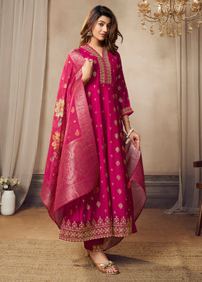 3 Pc Pink Readymade Silk Dupatta Suit Set