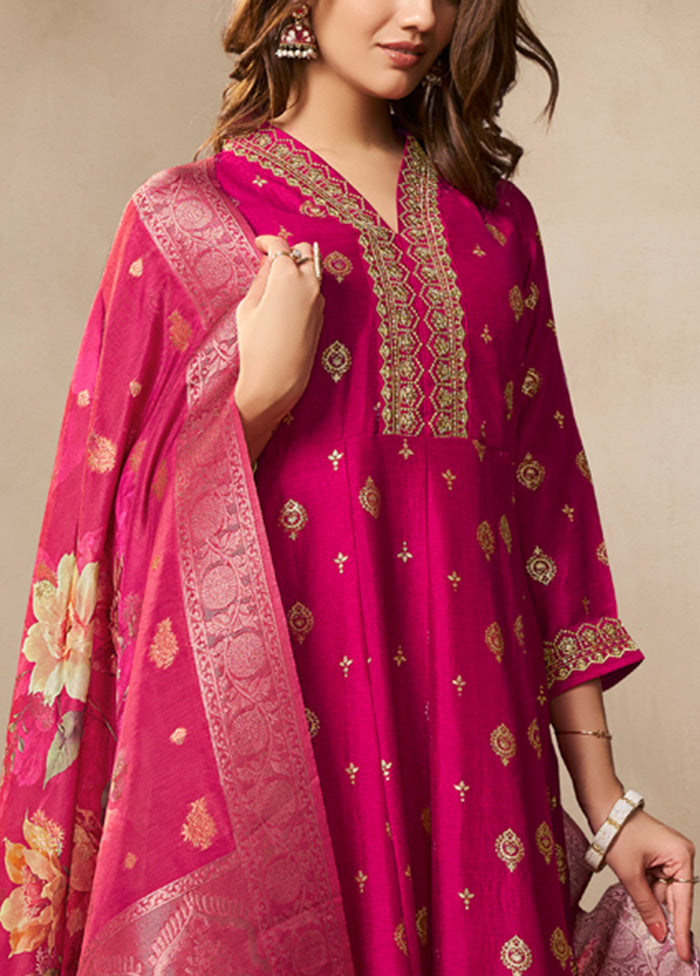 3 Pc Pink Readymade Silk Dupatta Suit Set