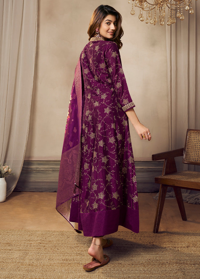 3 Pc Purple Readymade Silk Dupatta Suit Set