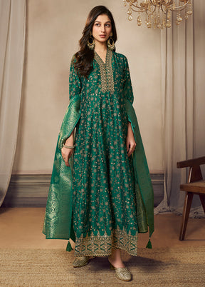 3 Pc Green Readymade Silk Dupatta Suit Set