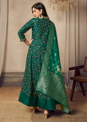 3 Pc Green Readymade Silk Dupatta Suit Set