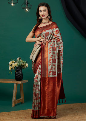 Grey Banarasi Silk Saree With Blouse Piece