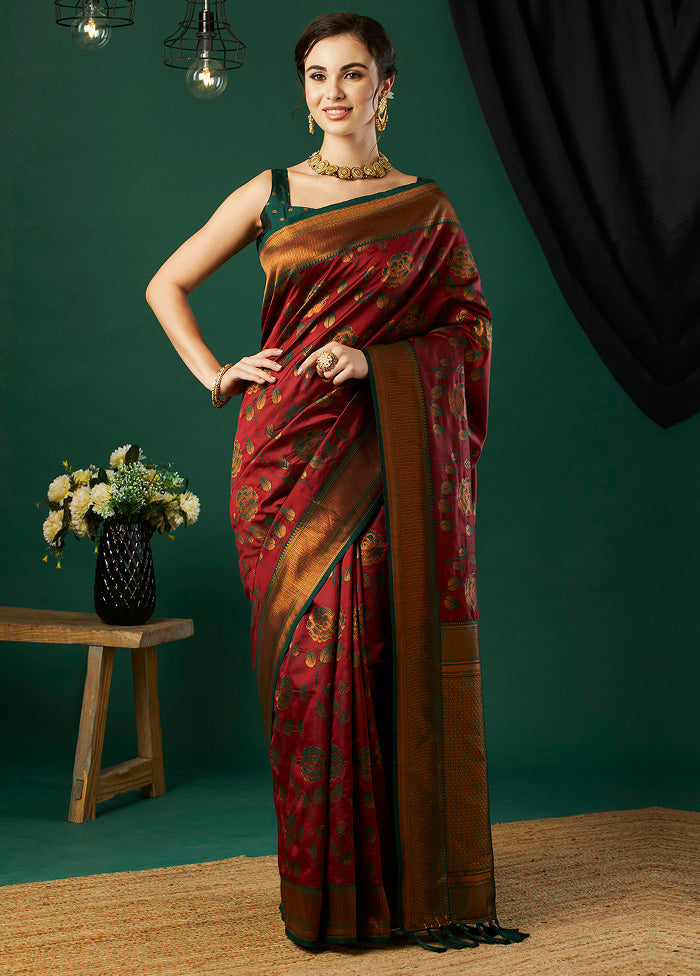 Maroon Banarasi Silk Saree With Blouse Piece