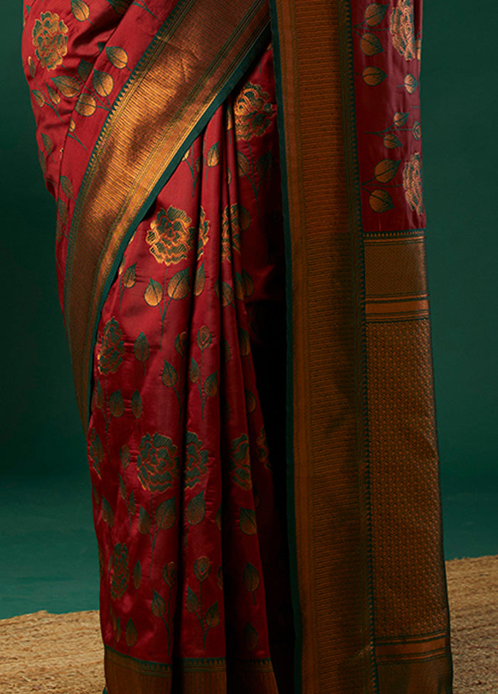 Maroon Banarasi Silk Saree With Blouse Piece