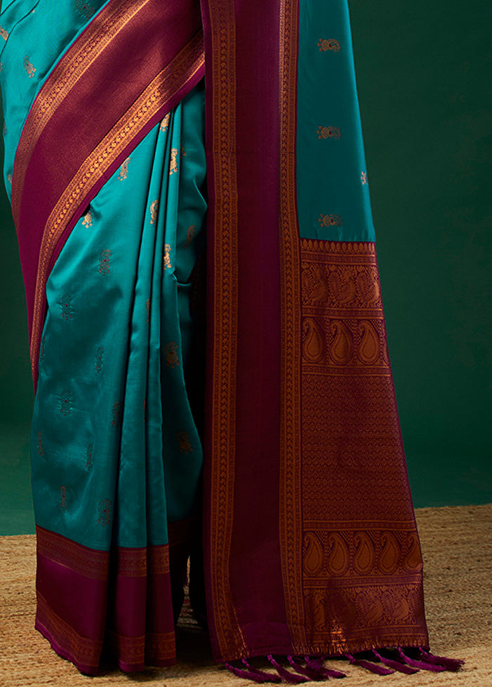 Aqua Banarasi Silk Saree With Blouse Piece