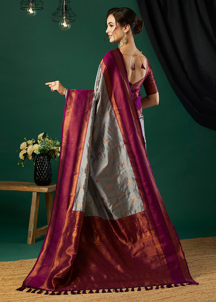 Grey Banarasi Silk Saree With Blouse Piece