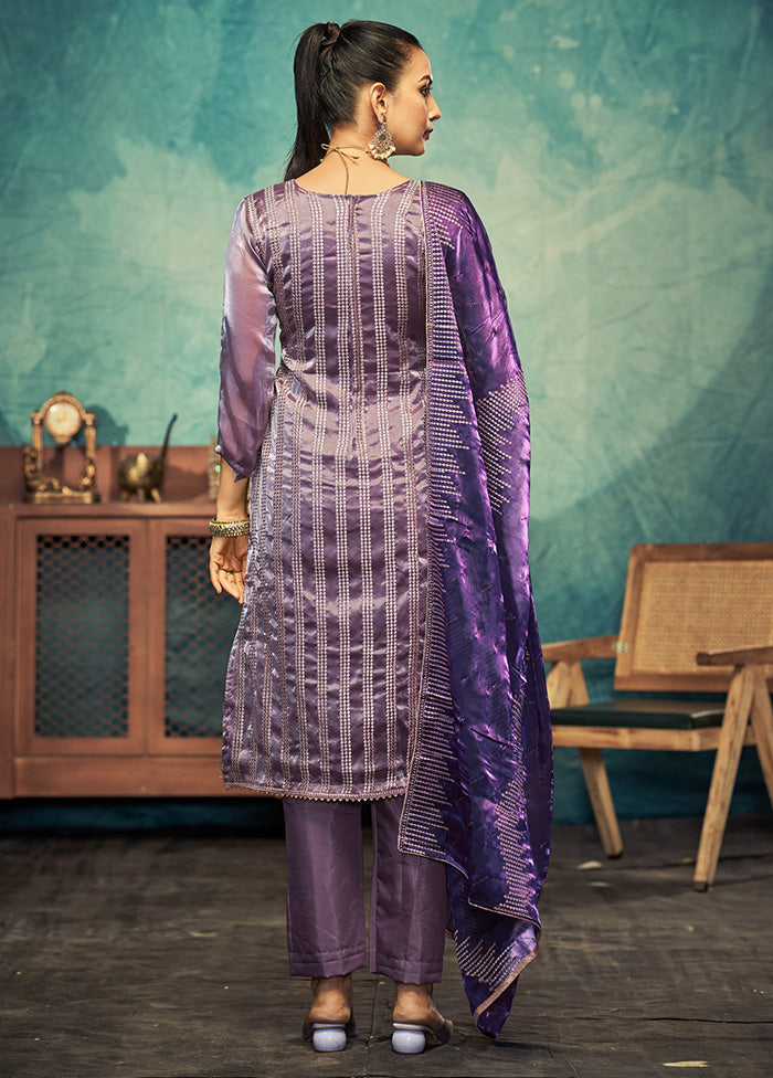 3 Pc Purple Semi Stitched Silk Dupatta Suit Set