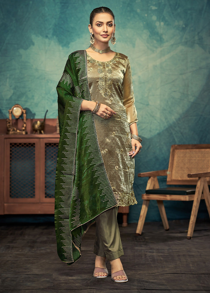 3 Pc Green Semi Stitched Silk Dupatta Suit Set