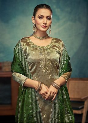 3 Pc Green Semi Stitched Silk Dupatta Suit Set