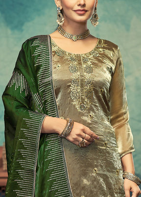 3 Pc Green Semi Stitched Silk Dupatta Suit Set