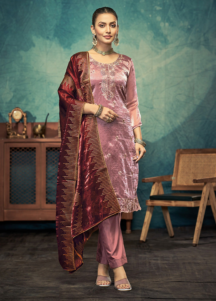 3 Pc Pink Semi Stitched Silk Dupatta Suit Set