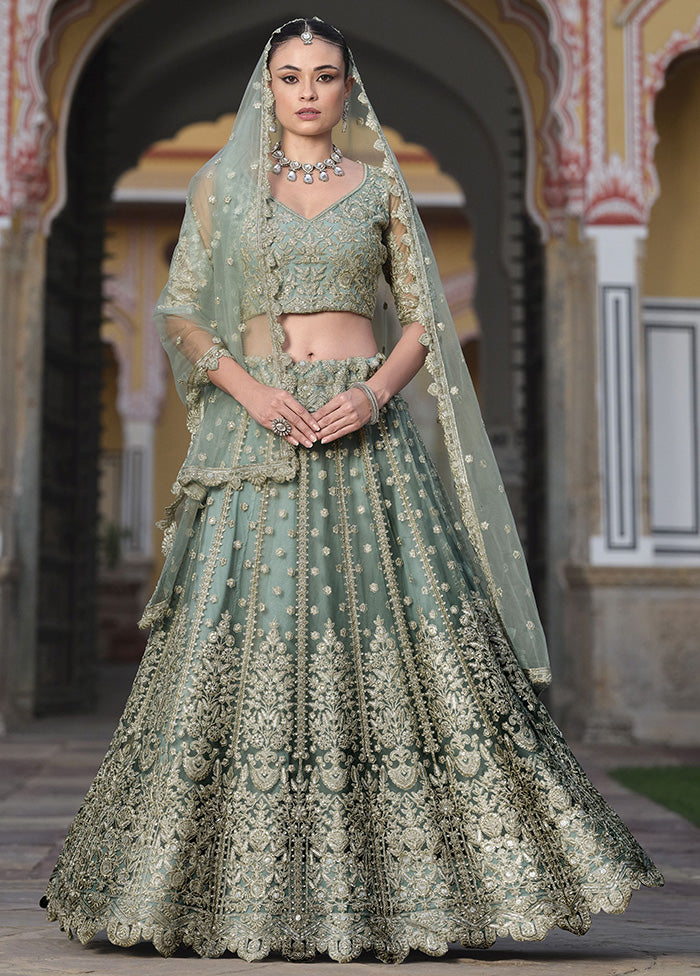 3 Pc Pista Green Net Semi Stitched Lehenga Set