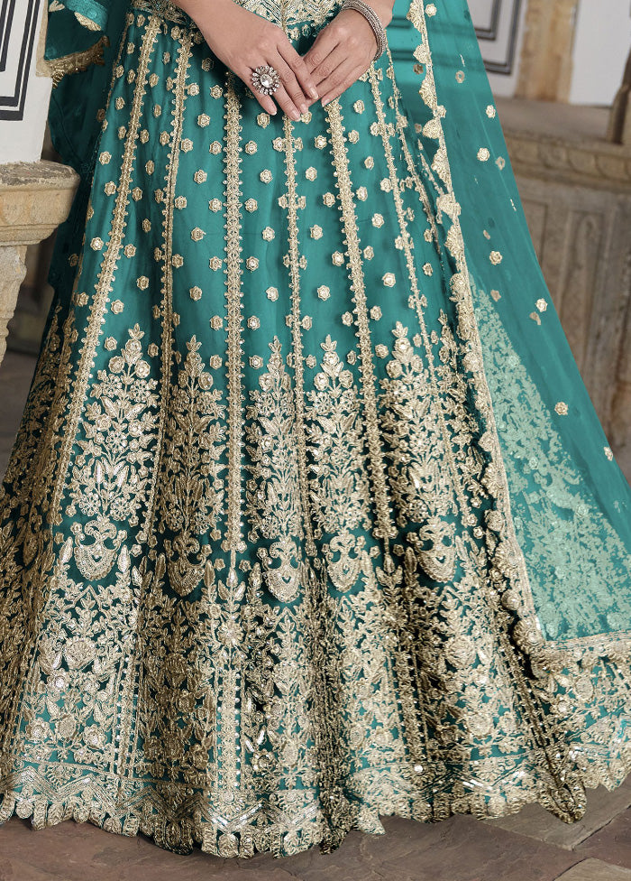 3 Pc Sea Green Net Semi Stitched Lehenga Set