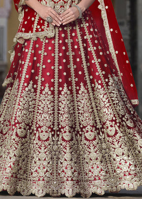 3 Pc Red Net Semi Stitched Lehenga Set