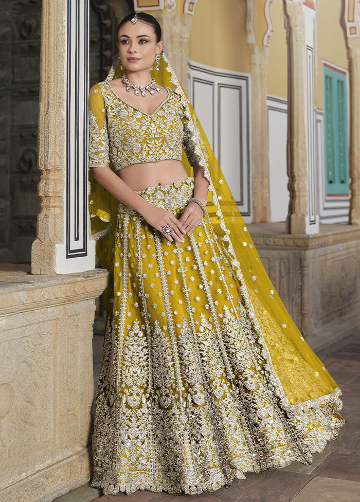 3 Pc Yellow Net Semi Stitched Lehenga Set