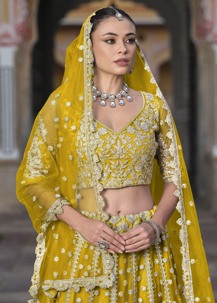 3 Pc Yellow Net Semi Stitched Lehenga Set