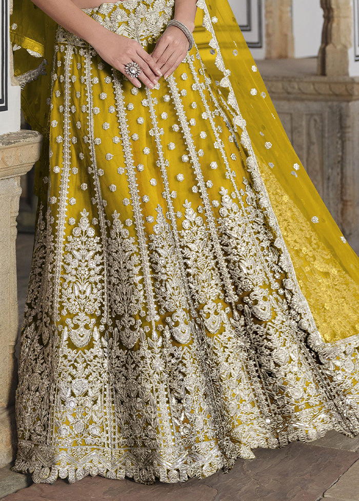 3 Pc Yellow Net Semi Stitched Lehenga Set