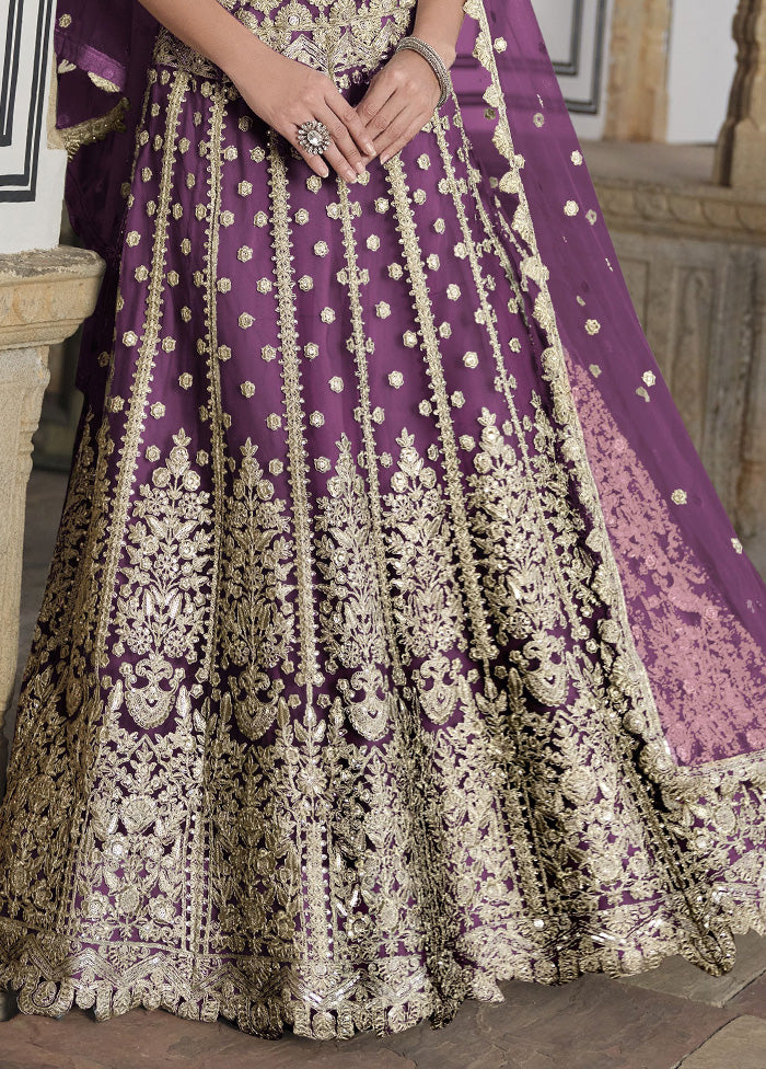 3 Pc Purple Net Semi Stitched Lehenga Set