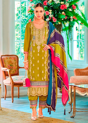 3 Pc Green Semi Stitched Silk Suit Set