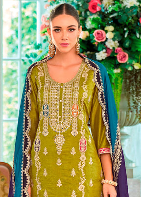 3 Pc Green Semi Stitched Silk Suit Set