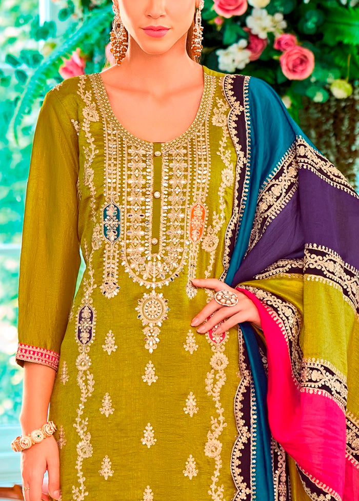 3 Pc Green Semi Stitched Silk Suit Set