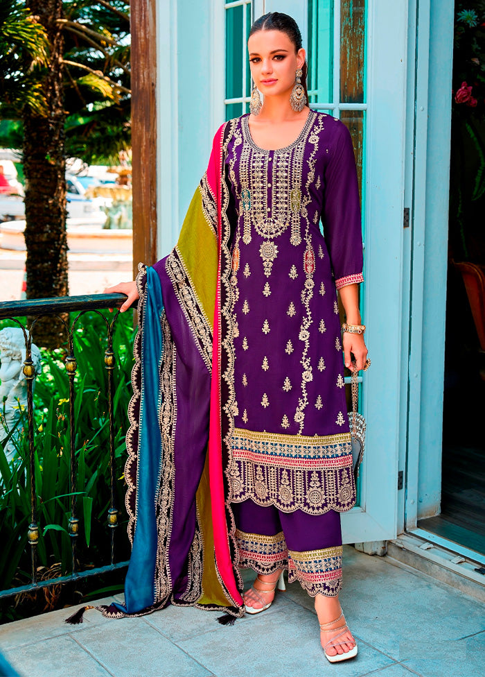 3 Pc Purple Semi Stitched Silk Suit Set