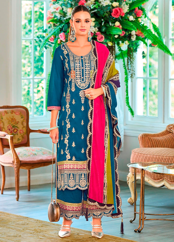 3 Pc Aqua Semi Stitched Silk Suit Set