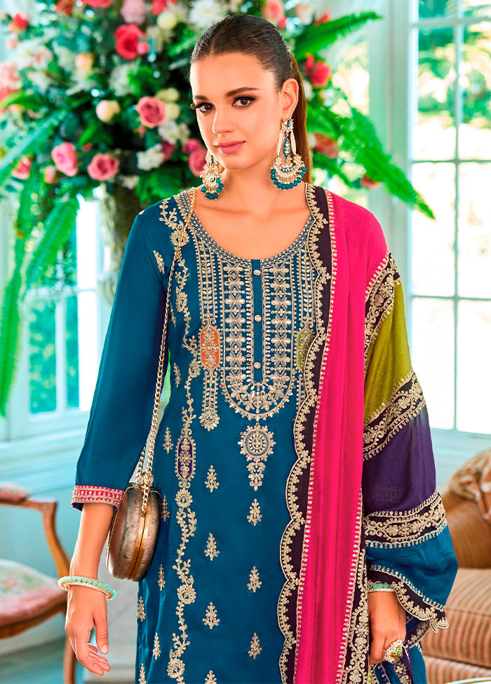 3 Pc Aqua Semi Stitched Silk Suit Set