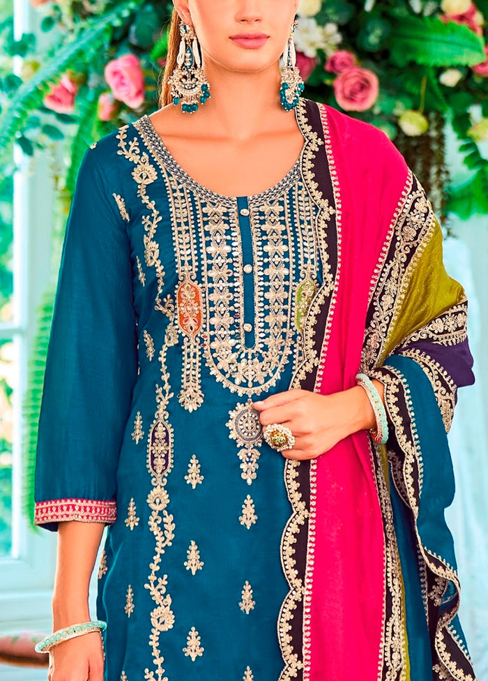 3 Pc Aqua Semi Stitched Silk Suit Set