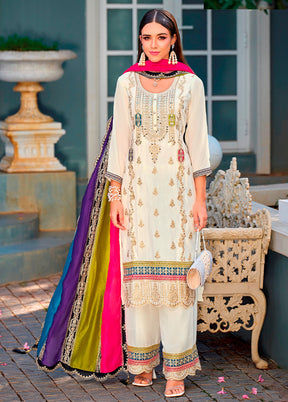 3 Pc Cream Semi Stitched Silk Suit Set