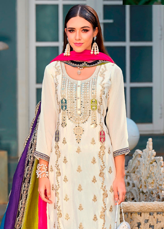 3 Pc Cream Semi Stitched Silk Suit Set