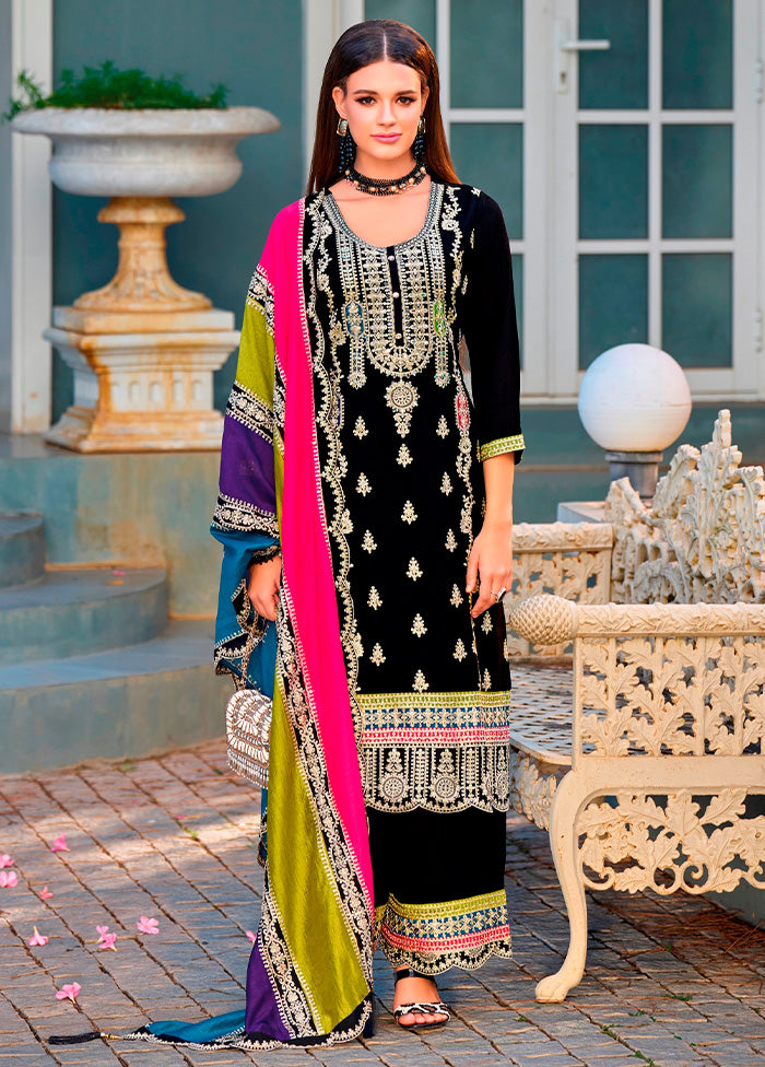 3 Pc Black Semi Stitched Silk Suit Set